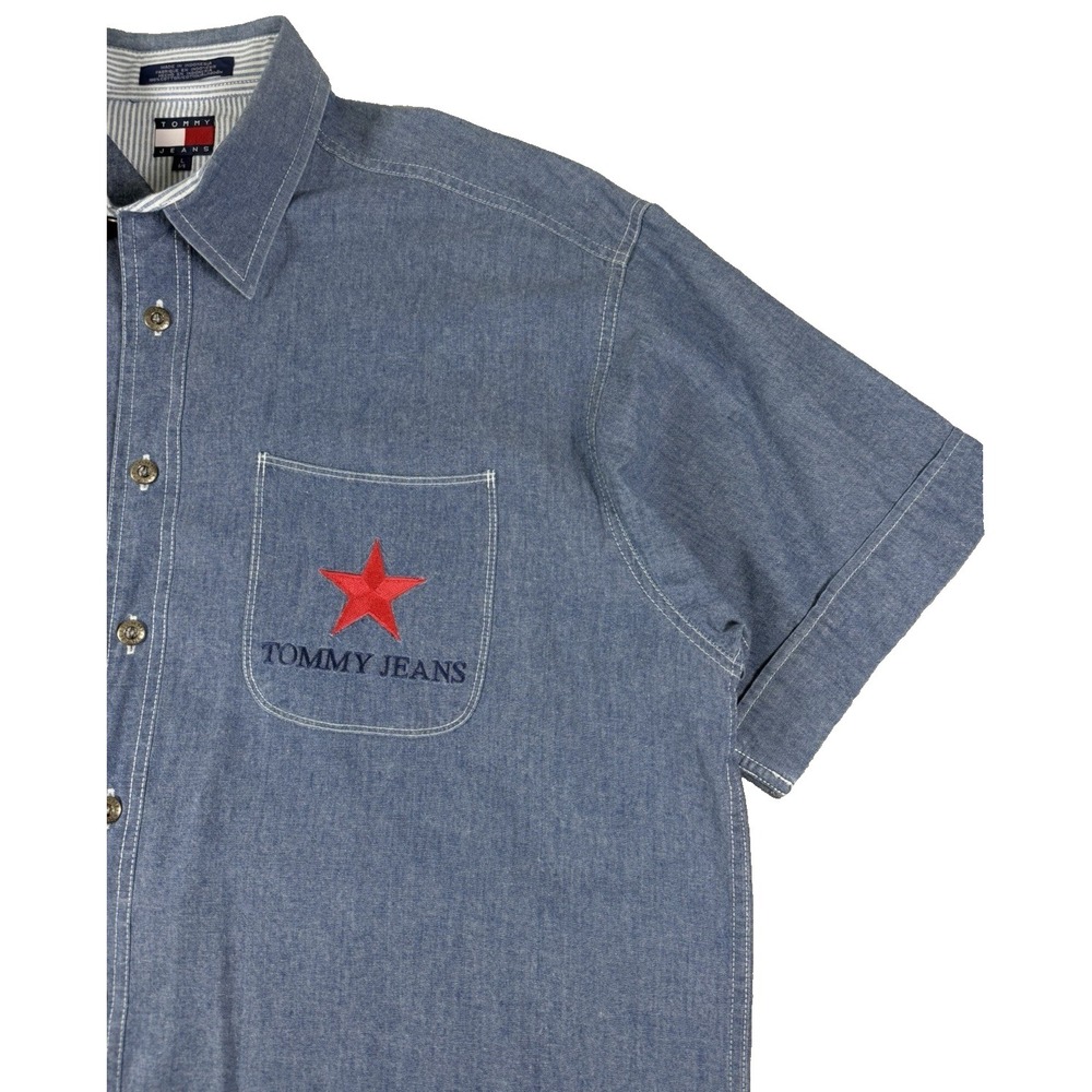 Vintage Tommy Jeans Denim Button Up Shirt Men's Large Short Sleeve Embroidered L - Picture 6 of 16